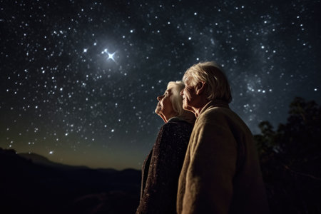 shot of a senior couple looking at the stars together, created with generative aiの素材