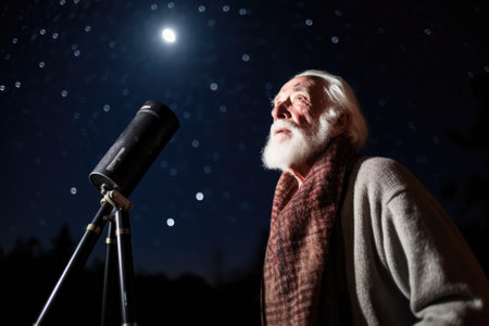 portrait of a senior man looking at the stars while standing outside with his telescope, created with generative aiの素材