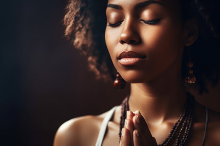 cropped shot of a young woman doing yoga, created with generative aiの素材