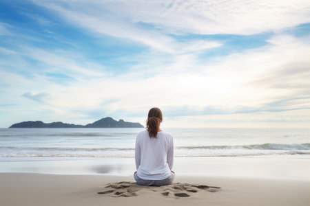meditation, retreat and woman in zen meditation pose on the beach with peace of mind, created with generative aiの素材