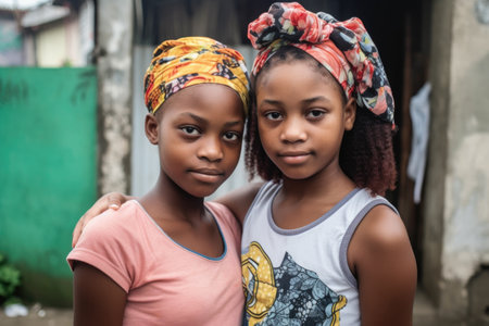 shot of two young girls standing together, created with generative aiの素材