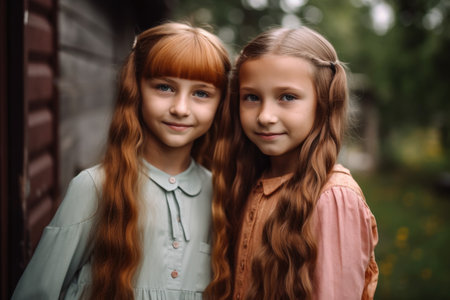 shot of two young girls standing together, created with generative aiの素材