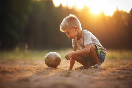 shot of a young boy playing with a soccer ball on the field, created with generative aiの素材