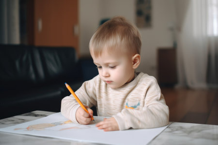 portrait of an adorable little boy drawing at home, created with generative aiの素材