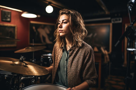 shot of a female drummer in the studio, created with generative aiの素材