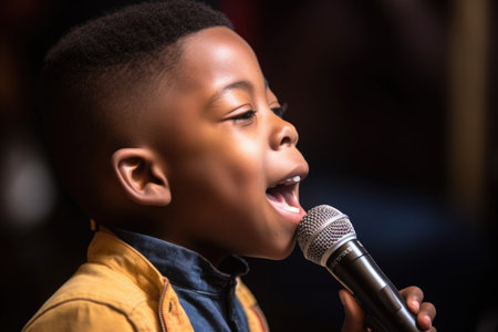 a young boy singing into a microphone, created with generative aiの素材