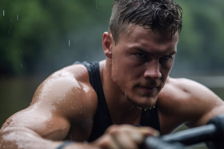 closeup of a male athlete warming up before rowing training on the water, created with generative aiの素材