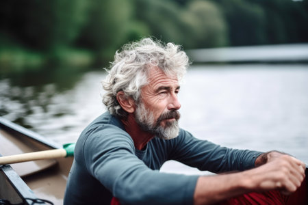 cropped shot of a man sitting in a boat after rowing, created with generative aiの素材
