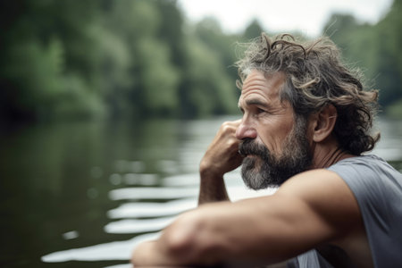 cropped shot of a man sitting in a boat after rowing, created with generative aiの素材