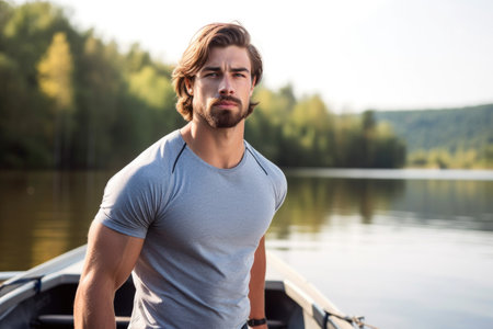 portrait of a young male athlete standing on his boat after spending time at the lake, created with generative aiの素材