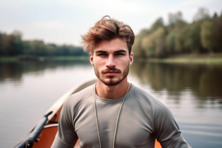 portrait of a young male athlete standing on his boat after spending time at the lake, created with generative aiの素材