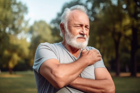 senior man, fitness and hands on shoulder for pain at outdoor park, workout and support injury, created with generative aiの素材