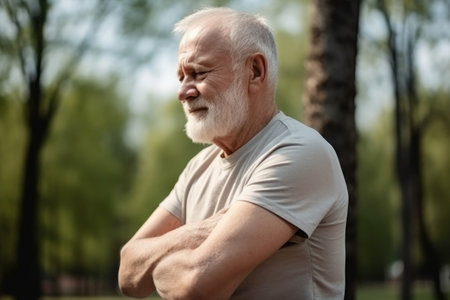 senior man, fitness and hands on shoulder for pain at outdoor park, workout and support injury, created with generative aiの素材