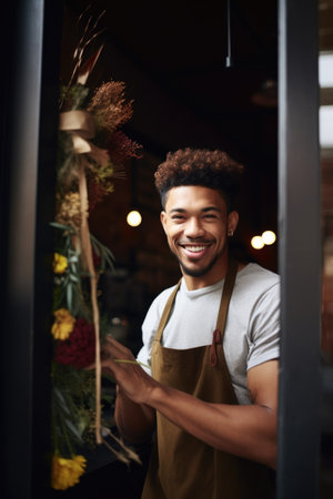 shot of a young man opening his shop, created with generative aiの素材