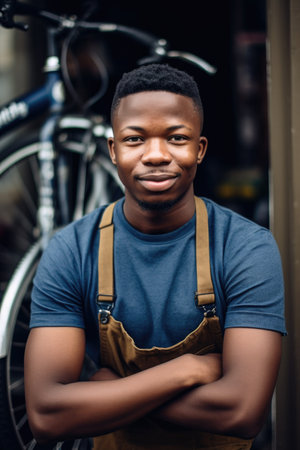 shot of a young man standing in front of his bicycle repair shop, created with generative aiの素材