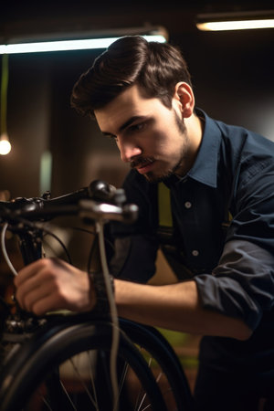 shot of a young man doing an inspection on his bicycle, created with generative aiの素材