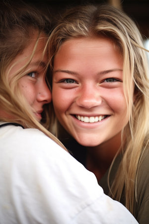 closeup of a young woman smiling at the camera with her arm around a friend, created with generative aiの素材