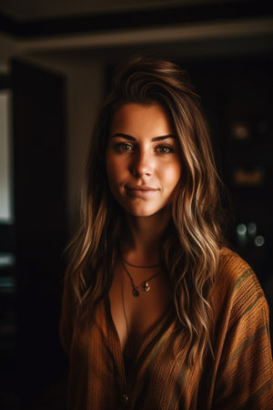 portrait of a beautiful young woman standing in the living room, created with generative aiの素材