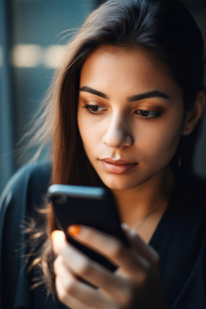 closeup shot of a woman using her cellphone, created with generative aiの素材
