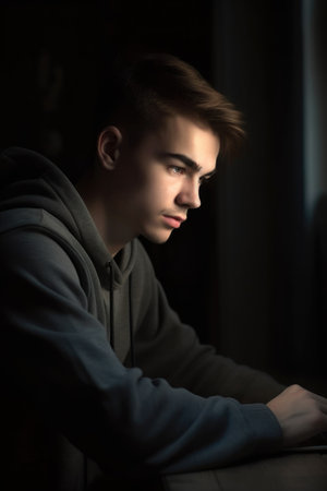 a handsome young man using his laptop looking at something on the screen, created with generative aiの素材