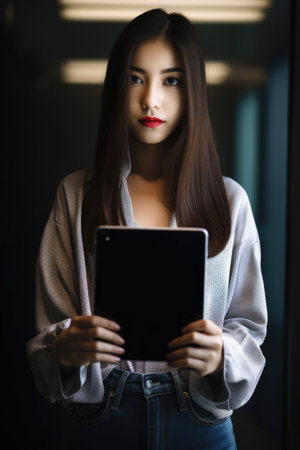 cropped shot of a young woman holding up her digital tablet, created with generative aiの素材
