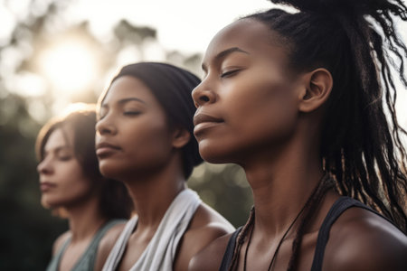 shot of yoga students meditating in a huddle outdoors, created with generative aiの素材