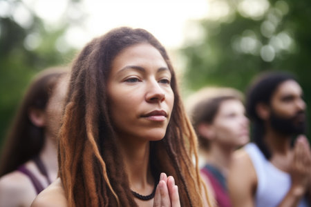 closeup shot of a yoga instructor leading class outside, created with generative aiの素材
