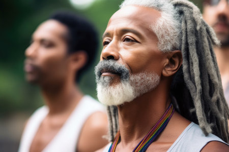 closeup shot of a yoga instructor leading class outside, created with generative aiの素材