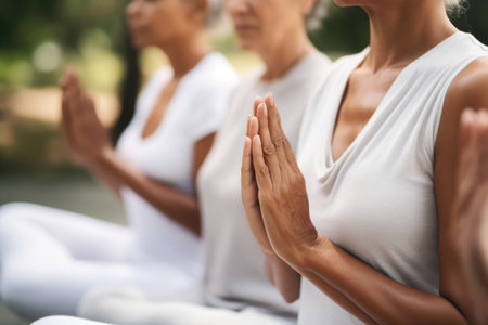 closeup shot of a yoga group meditating outdoors, created with generative aiの素材