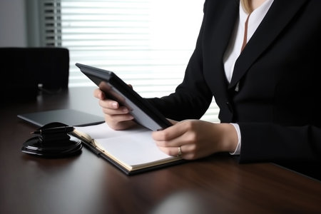 closeup shot of an unrecognisable disabled lawyer using a digital tablet in her office, created with generative aiの素材