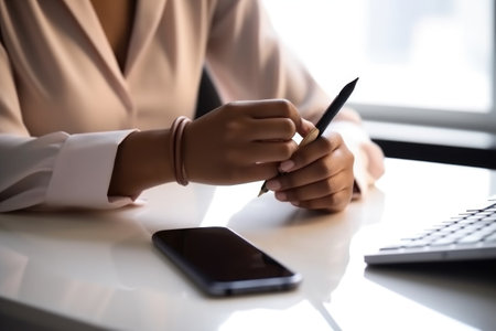 closeup shot of an unrecognisable woman using a cellphone while working at a desk, created with generative aiの素材