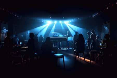 music, stage or night club with people enjoying a live performance in the dark, created with generative aiの素材