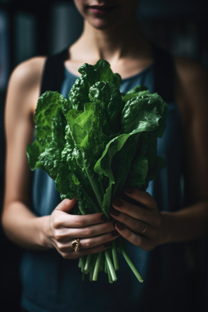 shot of an unidentifiable woman holding green leafy vegetables in a produce, created with generative aiの素材