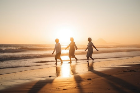 exercising, senior women and dance on beach for fitness, wellness and health in sunset, created with generative aiの素材