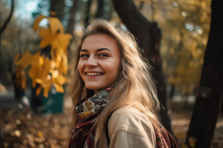 young woman smiling while standing outdoors, created with generative aiの素材