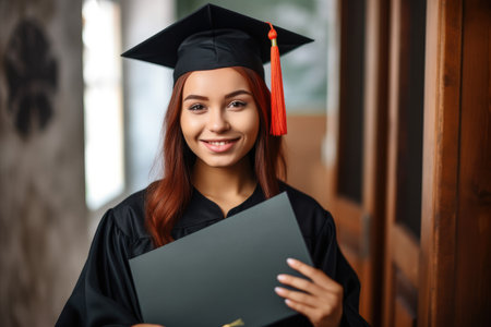 young woman holding a diploma and smiling happily, created with generative aiの素材