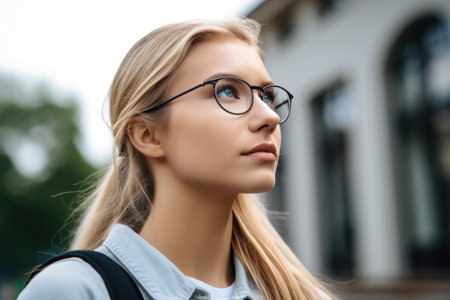 shot of an attractive young female student looking thoughtful at campus, created with generative aiの素材