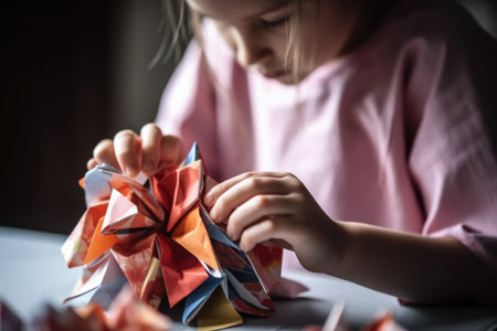 rear view shot of an unrecognizable young girl making origami, created with generative aiの素材