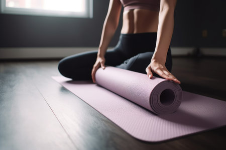 cropped shot of a woman using an exercise mat during her yoga routine, created with generative aiの素材