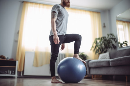 shot of a young man standing with one foot on an exercise ball at home, created with generative aiの素材
