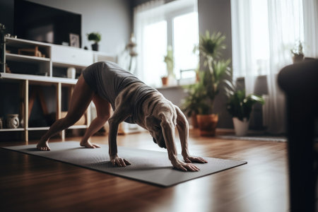 shot of an unrecognizable woman performing a downward facing dog during her workout at home, created with generative aiの素材