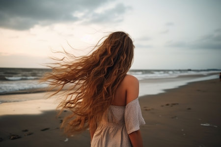 rearview shot of a beautiful young woman with long hair walking on the beach, created with generative aiの素材