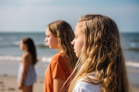 side view of a girl enjoying the beach with her friends, created with generative aiの素材