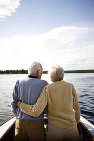 rearview shot of a senior couple on the deck of their boat, created with generative aiの素材