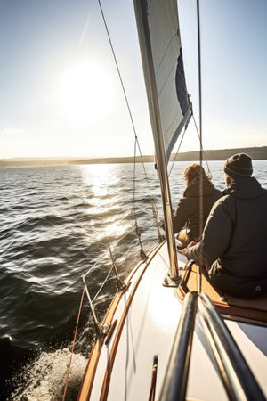 shot of two people sailing together on a boat, created with generative aiの素材