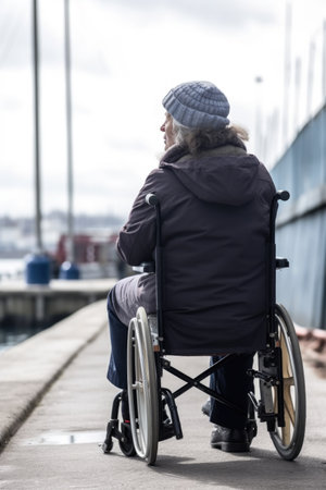 cropped shot of a woman in a wheelchair at the docks, created with generative aiの素材