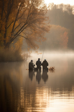 three men fishing in a lake, created with generative aiの素材