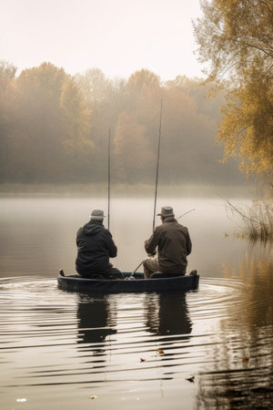 three men fishing in a lake, created with generative aiの素材