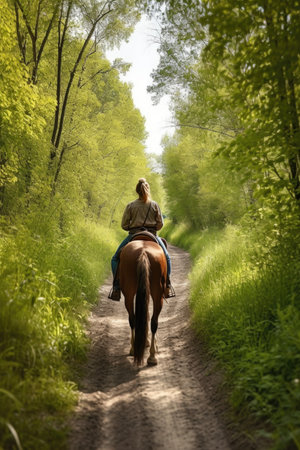 rear view of a woman leading her horse on a trail ride, created with generative aiの素材