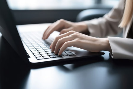 closeup of hands typing on computer keyboard for digital marketing, media strategy or news, created with generative aiの素材